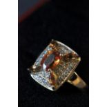 14ct Yellow gold citrine and diamond cross over ring