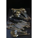 A collection of silver cutlery to include 6 table forks, 6 dessert forks, 6 table spoons, 6 soup