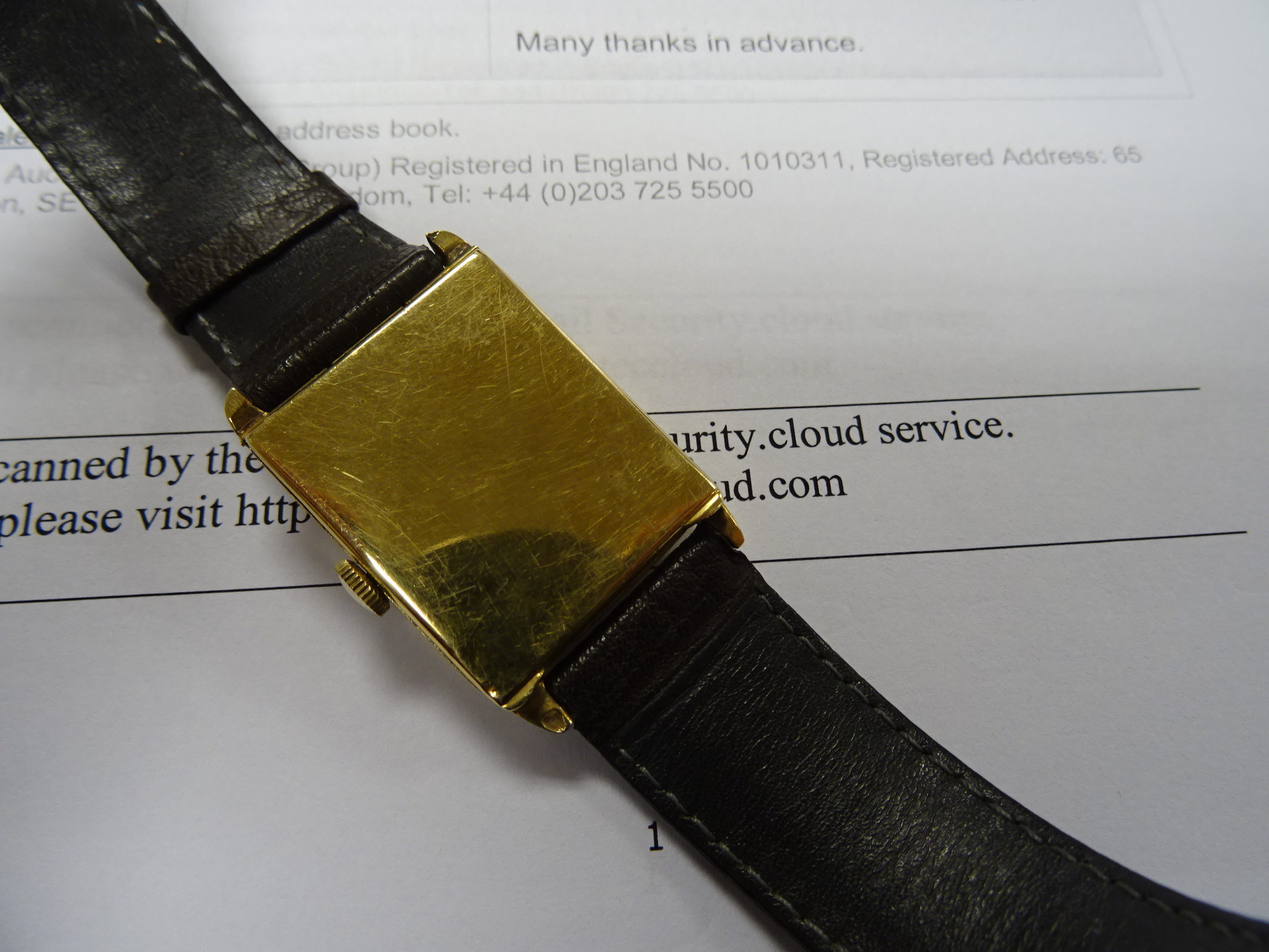 Gents 14k gold Omega wrist watch, tank style with vintage leather strap - Image 2 of 4