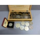 Box and bag of vintage UK and world coins to include a Victorian crown and 1842 five francs