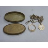 19th century brass tobacco tin with silver pocket watch chain and large size 9ct gold gents signet