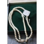 Boxed double strand real pearl necklace with 18ct white gold clasp