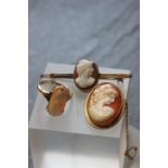 9ct gold and cameo ring, along with 2 9ct gold and cameo brooches