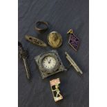 Mix of vintage collectable items to include lava cameo brooch, Deco watch, enamel Butlins Ireland