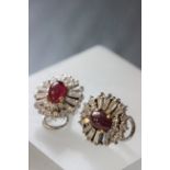 Pair of 18ct gold, ruby & diamond earrings with 16 tapered baguette cut diamonds