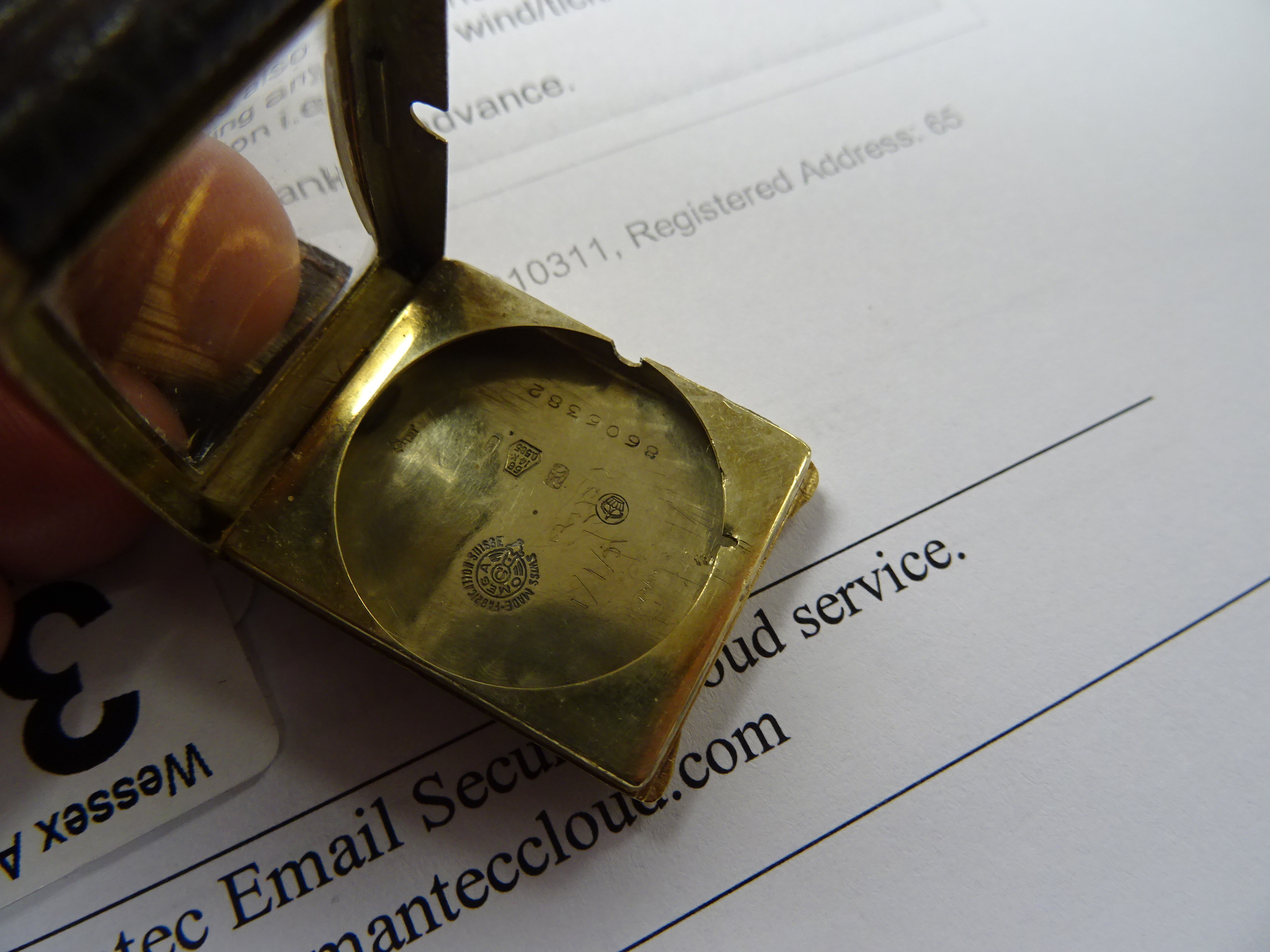 Gents 14k gold Omega wrist watch, tank style with vintage leather strap - Image 3 of 4