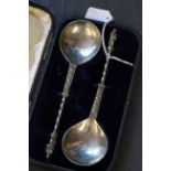 Large pair of cased Continental silver Apostle style spoons with London retailer to the box