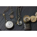 Silver pocket watch, 2 vintage pocket watch chains, silver vesta and silver compass fob