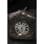 Silver Atlas (Goliath) pocket watch in silver fronted stand