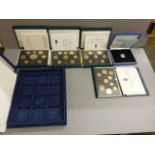 Four x UK Proof coins sets, 1991,1992,1993,1994 plus empty coin case and silver proof £1 coin with