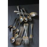 A collection of 19th C silver cutlery, comprising two tablespoons, 4 table spoons, 5 teaspoons, 3