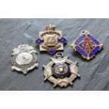 3 silver and enamel masonic type fobs plus silver Duke Of Wellington Regiment sports fob ww1