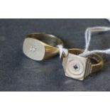 Two gents 9ct gold signet rings, one set with diamond, the other a sapphire