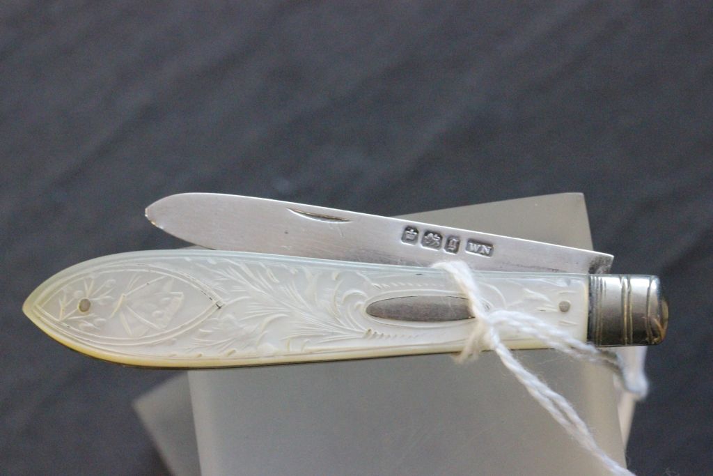 A silver fruit knife with a mother of pearl mount, Sheffield 1900