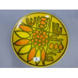 Poole Pottery Delphis charger shape 5 in yellow ground with orange, 36.5cm in diameter, vg