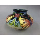 Moorcroft Pottery Burley Butterfly squat vase, designed by Rachel Bishop with painted and printed