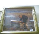 Gilt framed Impressionist portrait on canvas boy with boat in the shallows at the seaside