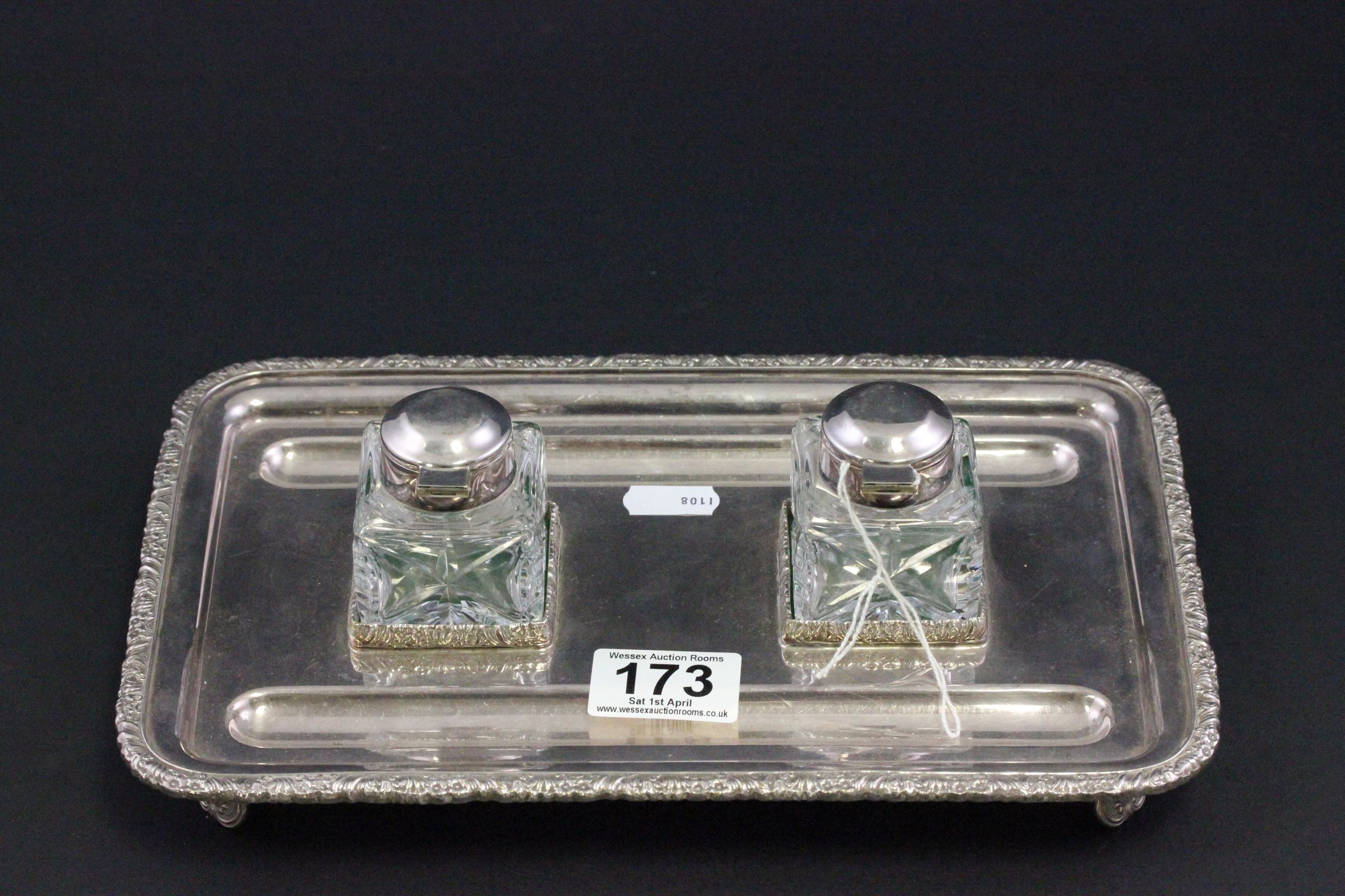 A good quality Barker Ellis silver plated standish with cut glass inkwells