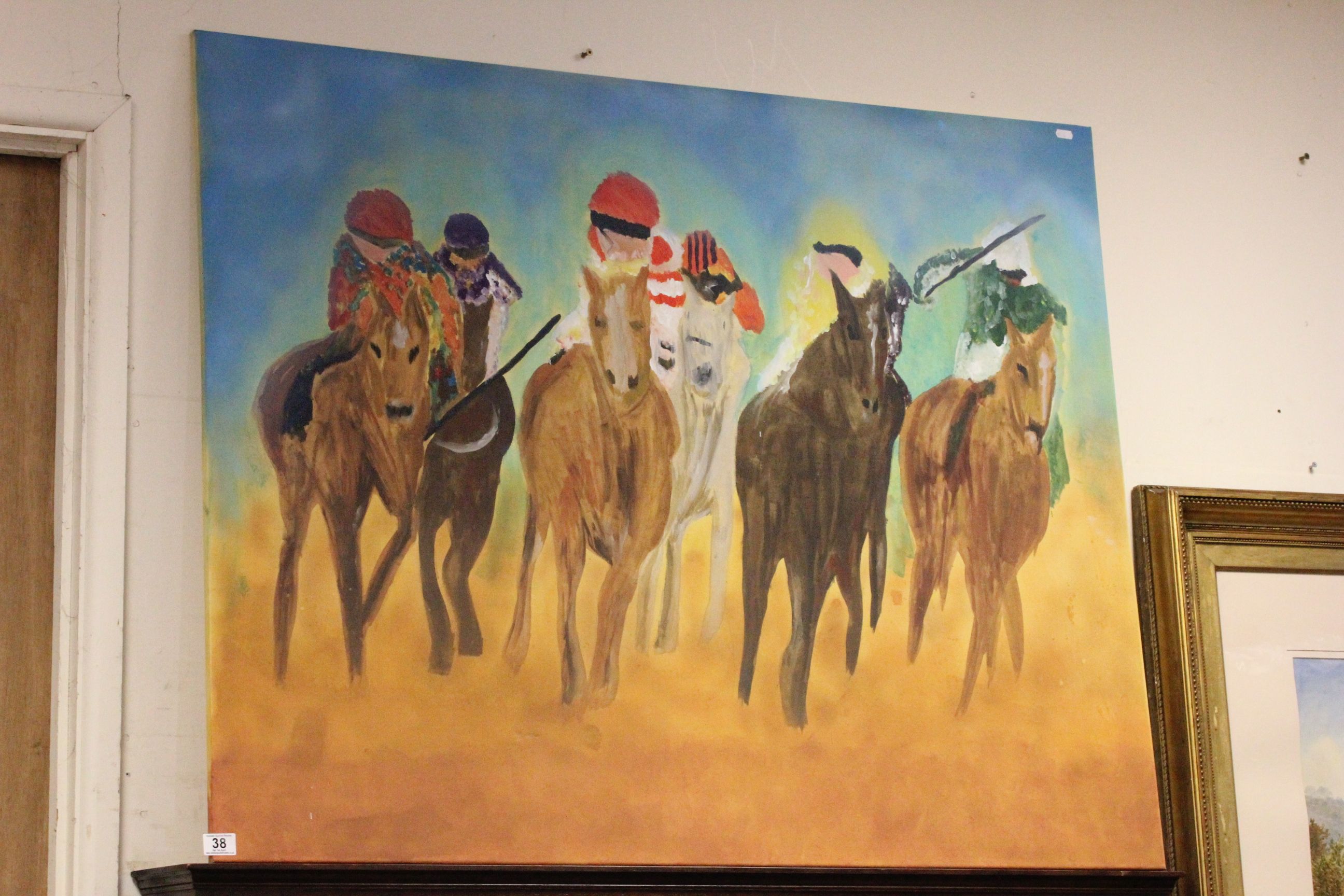 Large oil on canvas painting of a horse racing scene