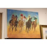 Large oil on canvas painting of a horse racing scene