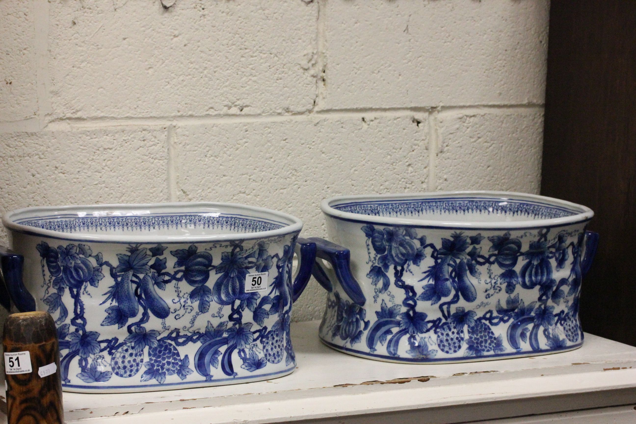 Pair of Chinese style blue & white ceramic foot baths