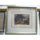 Gilt framed oil painting of farm folk with cattle in a country landscape