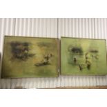 Pair of large Asian oil on canvas painting boats and figures on a river indistinctly signed and