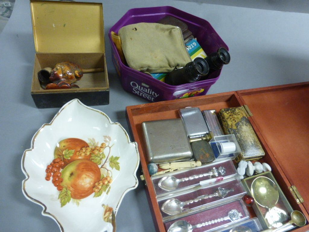 Box of sundries to include meershaum pipe ,darts silver plated cigarette box etc