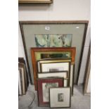 Group of Watercolours and Prints including a Coaching Scene Picture on Glass