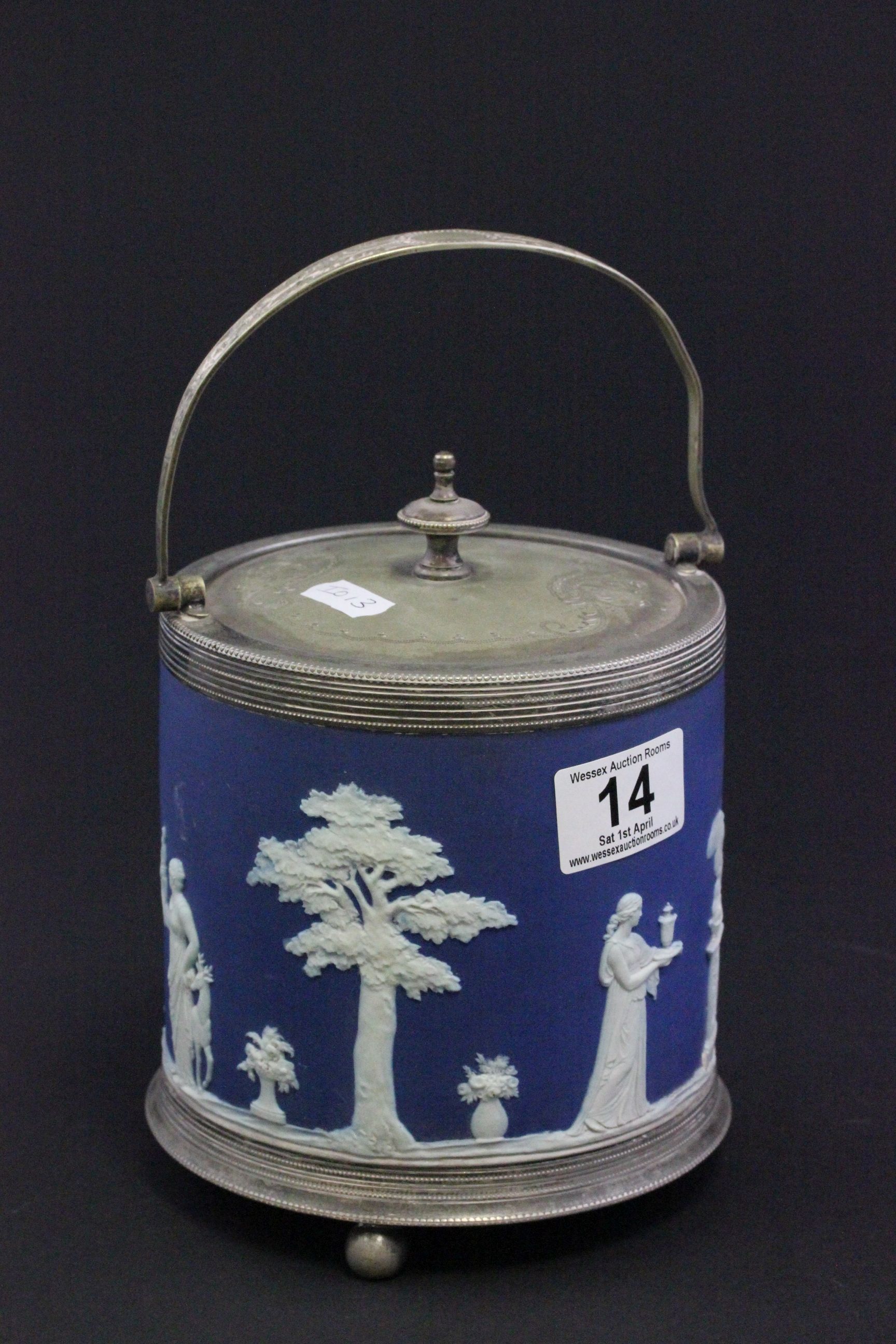 Wedgewood Jasperware biscuit barrel with silver plated fittings