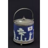 Wedgewood Jasperware biscuit barrel with silver plated fittings