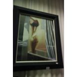 Studio framed oil painting study of a nude female taking a shower