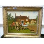 Gilt Framed Oil on Board of Hunting Meet at Pub signed W H Darlington 1955