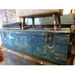 Vintage Blue Painted Pine and Iron Bound Tool Box