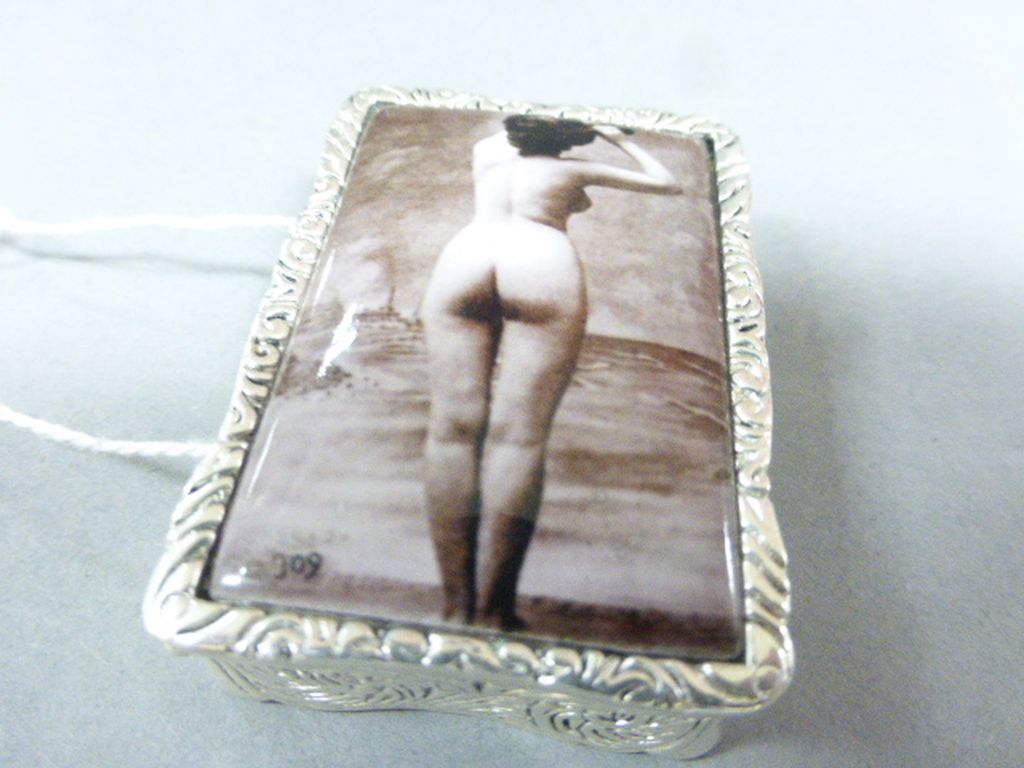 Silver plated pill box with nude enamel image to the lid