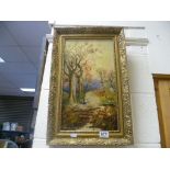 Gilt Framed Oil on Canvas Woman and Child in Woods signed Bertha Jones