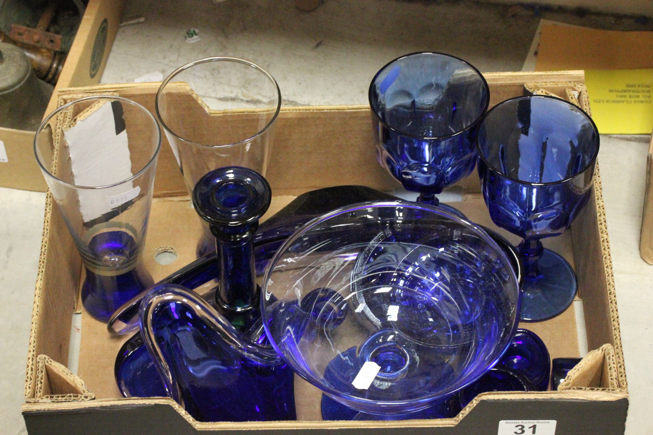 Box of mixed blue glass items to include; goblets, vase etc