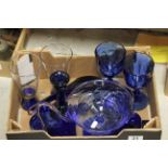 Box of mixed blue glass items to include; goblets, vase etc