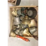 Tray of vintage metal bells to include hand held