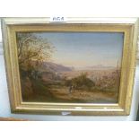 Gilt Framed Oil on Board, Italian Landscape with Figures walking along Lane, inscription to verso