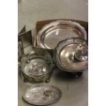 Mixed silver plated items including cigarette case, vase, dish