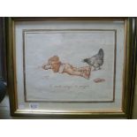 Early 20C Humorous coloured French etching of sleeping girl with chicken inscribed