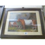 Oak framed equine oil painting of cows in a pastoral landscape