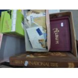 World stamps KW on paper with some in white envelopes, 5 stamp albums, 3 stock books used and hinged