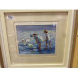 Studio Framed Oil Painting Girls at the Seaside feeding Seabirds