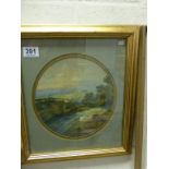 19th century Oval Watercolour English Country Scene with Distant Village
