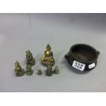 Chinese bronze bowl with seal mark to the base along with Oriental bronze Buddha and bronze weights