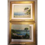 S Turbino Oil on Board Pair of Italian Lake Scene with Boats