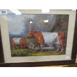 Oak Framed Bovine Oil Painting of Cows in a Woodland Setting