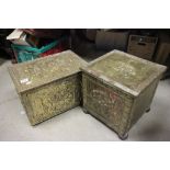Two Brass Relief Covered Coal Boxes
